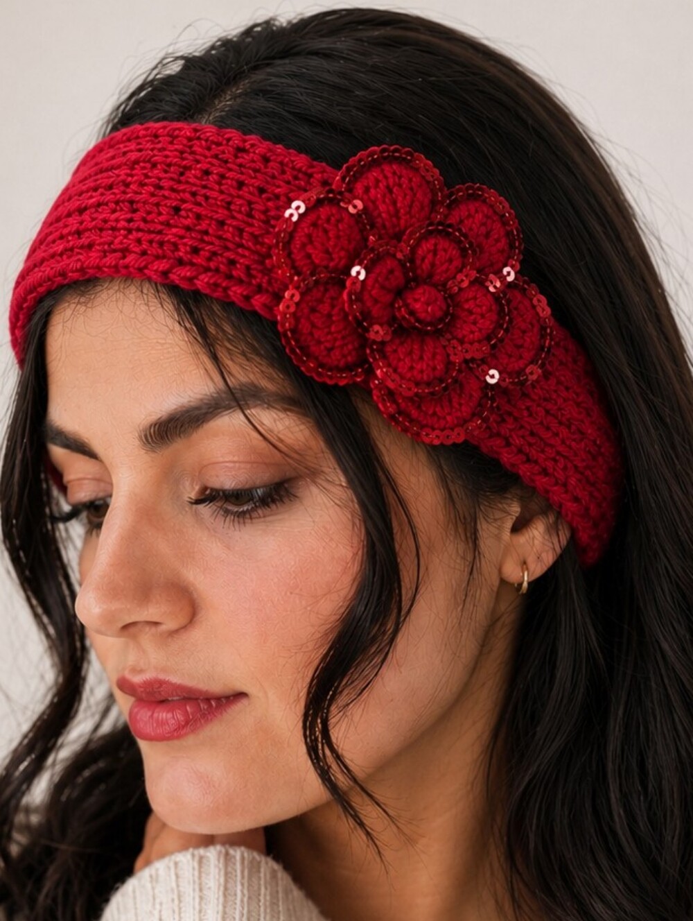 C.C Exclusives Women's Knitted Headband with Sequin Flower Cozy RED